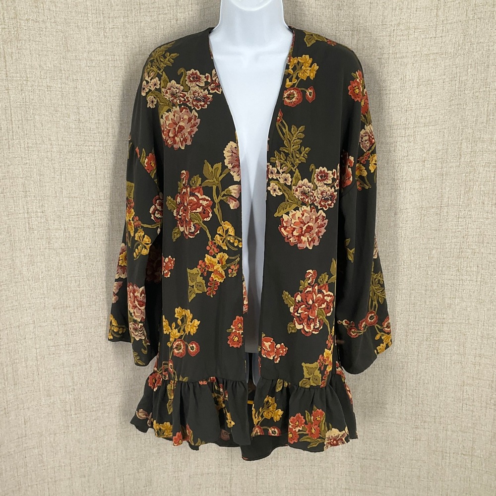 Zara Basic Kimono Jacket Women XS-S Dark Floral Ruffle Boho Outerwear Romantic